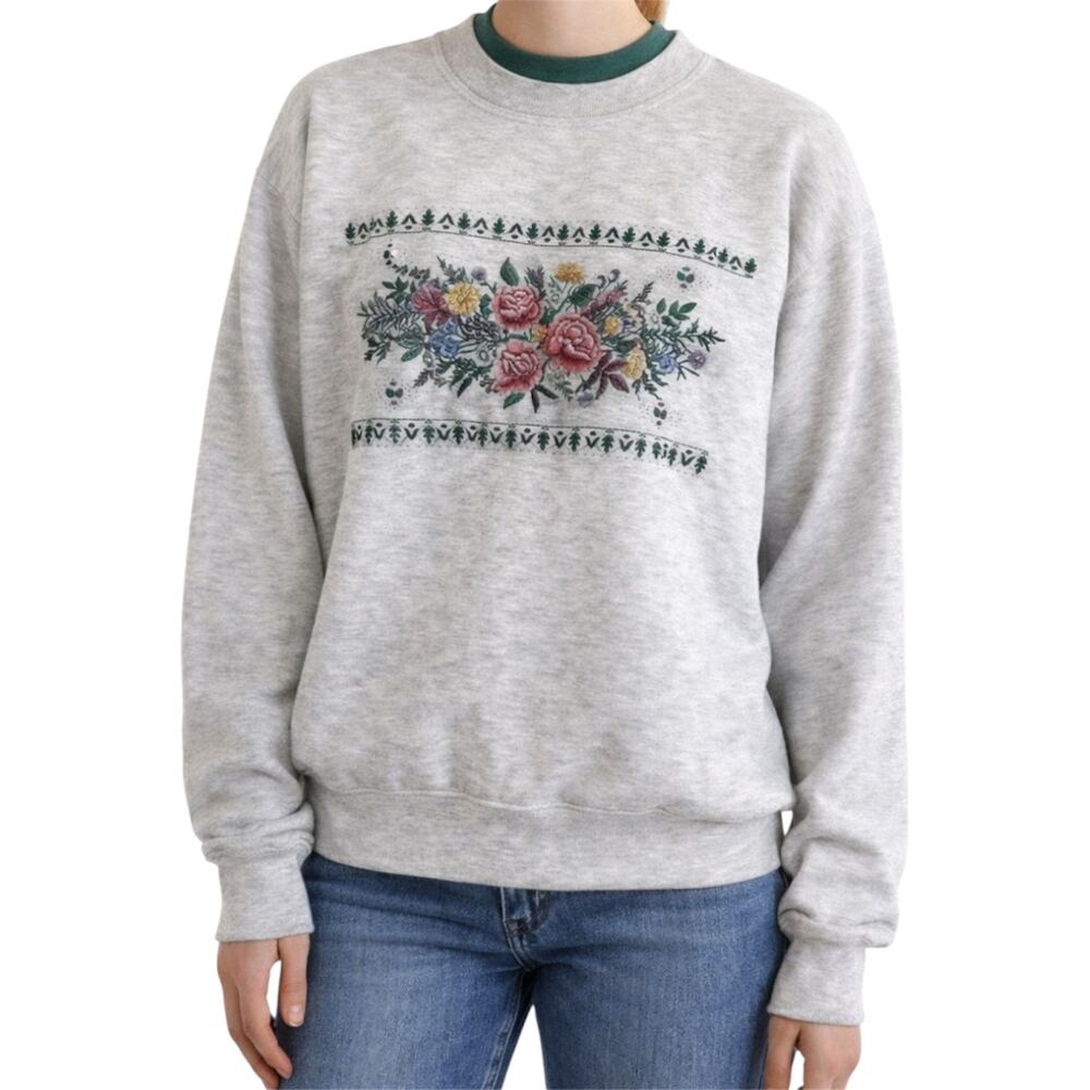 VTG Jerzees Sweatshirt Double Collar Floral Print Crew Neck Cotton Gray XLarge